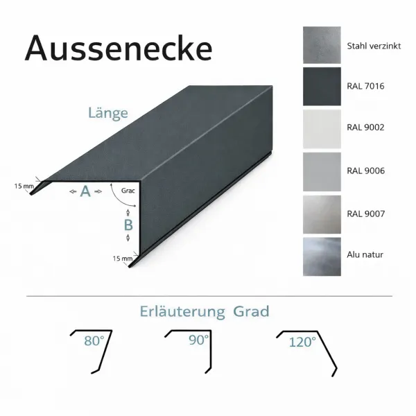 Aussenecke aus Stahl verzinkt oder Aluminium Ral beschichtet